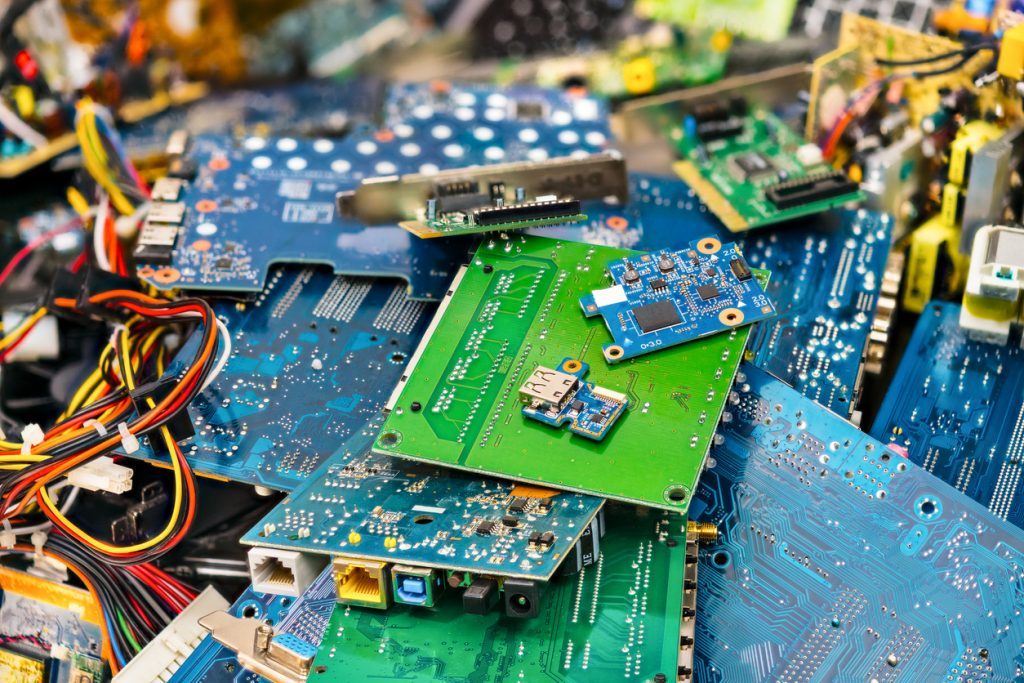 A pile of recyclable computer circuit boards